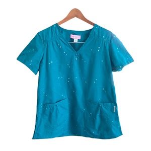 Koi Scrub Top - Turquoise with flowers & sequins